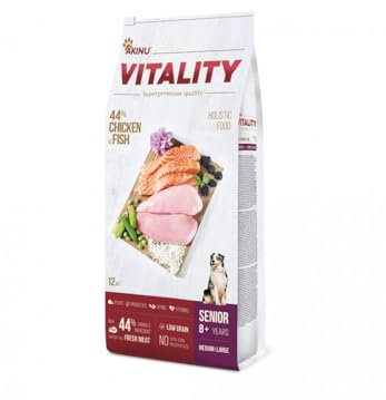 Akinu Vitality Hundefutter - für Senior-Hunde mittelgroßer und großer Rassen | Huhn & Fisch | Trockenfutter | 12 kg
