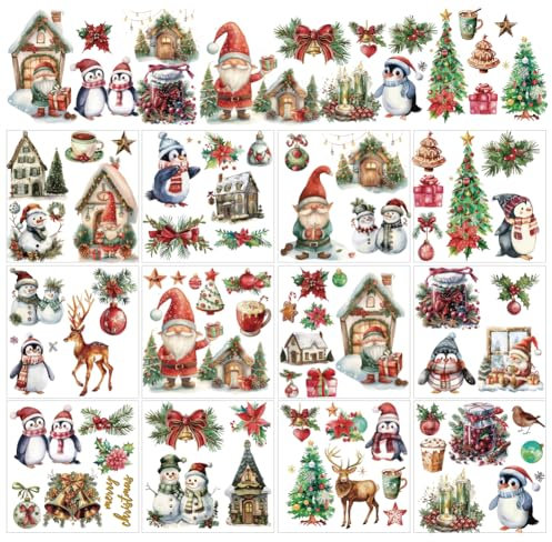 arricraft 12 Sheets Christmas Theme Rub on Transfers for Crafts and Furniture, Santa Claus Penguin Elk Snowman Rub on Transfer Stickers PVC Rub on Decal for DIY Home Window Wood Decor, 14x14cm