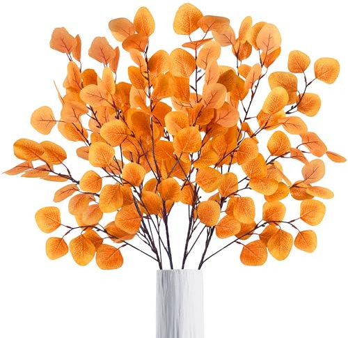 ROLLWAY 4er Eukalyptus Deko Künstliche Herbstblätter Zweige, Kunstblumen Herbst Blumen Herbstblumen Künstlich Blätter, Herbstzweige Herbstlaub Dekozweige Gelb für Herbstdeko Innen Draußen (85CM)