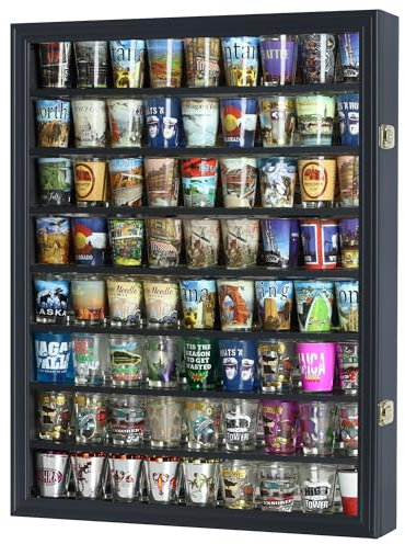 Maple Home Shot Glass Display Case Wall Shot Glass Cabinet Rack Holder Lockable with UV Protection Door Shot Glass Collection Display Cabinet Mirror Back (Black Finish)