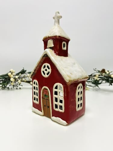 Tealight Candle Holder Housewarming Gift Cottage Ceramic Village Pottery House Ornament (Christmas Church (24cm))