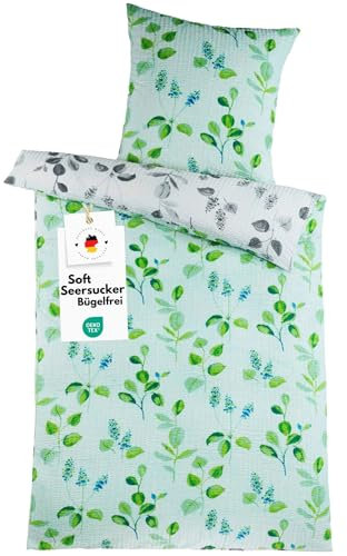 Carpe Sonno Seersucker Bettwäsche 135x200 Mikrofaser | Sommer Bettwäsche Seersucker Bettbezug 135 x 200 Sommerbettwäsche Bettwäsche-Sets Muster Bügelfreie Bettwäsche Seersucker 135x200 Grün Grau