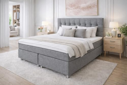 Tesla Dreams Boxspringbett 160x200 Ronda, 7 Zonen Taschenfederkern-Matratze H3/H4, 5 Jahre Garantie, Topper Latex, Unterbau Taschenfederkern, Montage verfügbar, Grau