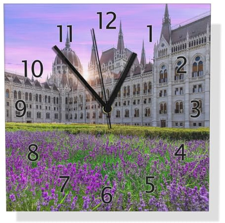 Wallario Design Wanduhr Historisches Gebäude im Abendlicht aus Aluverbund, Alu-Uhr Größe 30 x 30 cm, Schwarze Zeiger mit Metalloptik