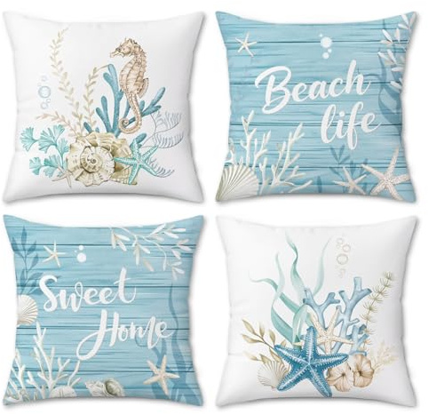 COZZSNUGE Küsten Strand Kissenbezüge 45 x 45 cm, Maritime Koralle Seestern Blau Ozean Samt Dekorative Kissenhülle Zierkissenbezüge für Sofa Wohnzimmer Zuhause 4er Set