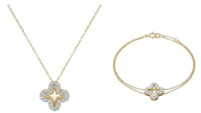 Zuzan Gold® 375 Echtgold Schmuckset Damen Halskette Armband Kleeblatt Zirkonia Bicolor elegant wasserfest nickelfrei Geschenk Set Crucelle Clover Sparkle hochwertig