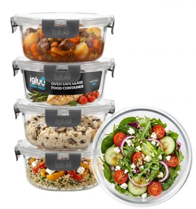Igluu Meal Prep Boxen Glas, rund (5er-Pack) – 650ml | BPA-frei – geeignet für Ofen, Heißluftfritteuse, Mikrowelle, Gefrierfach und Spülmaschine – auslaufsicher – Borosilikatglas