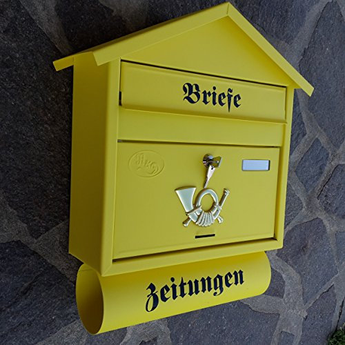 Großer Briefkasten/Postkasten XXL Gelb Matt mit Zeitungsrolle Zeitungsfach Spitzdach Zeitungsrohr Bicolor