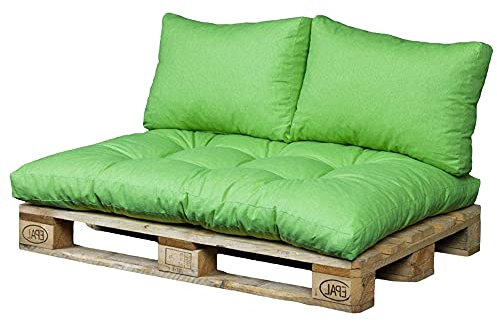 Beo Palettenkissen Set für Palettenmöbel | Made in EU | Europaletten Polster wasserabweisend & waschbar | 1 Palettenkissen Sitzkissen 120 x 80 cm & 2 Palettenkissen Rückenkissen 60 x 40 cm in Grün