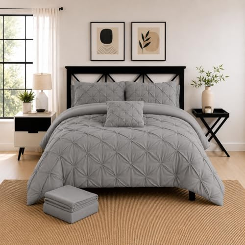 FIXTEXX Pintuck Duvet Cover Set of 5 with Fitted Sheet (135x190) with 35cm deep pockets and 2 Pillow Cases Includes Complementary Cushion Cover – Set of 5 (Silver, Double)
