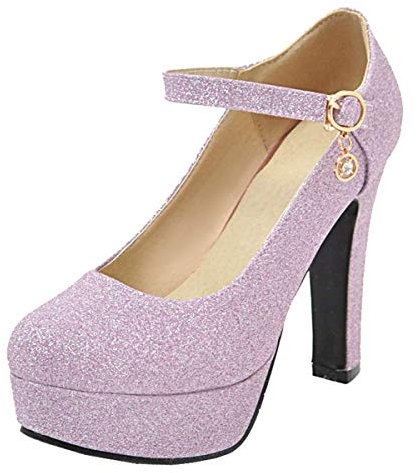 LUXMAX Scarpe Decolte Plateau Donna con Tacco Alto Blocco Glitter Paillettes Decollete Cinturino alla Caviglia e Fibbia (Viola) - 37 EU
