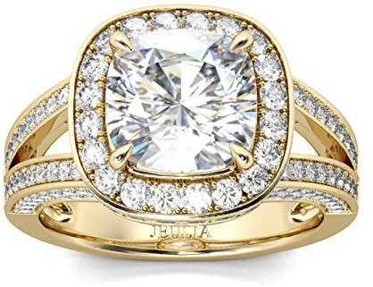 Jeulia Halo Kissenschliff Gelbvergoldet Sterling Silber Ring für Frauen Ehering CZ Solitaire Verlobungsringe Jubiläumsversprechen Schmuckbox (Silber, 58 (18.5)) (Golden, 56 (17.8))
