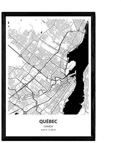 Nacnic Poster mit Karte von Quebec - Kanada. Blätter von Städte in Kanada mit Meeren und Flüssen in schwarz und weiß. A3