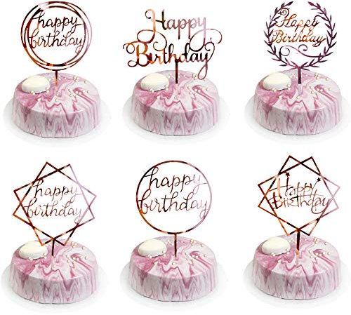 6 Pcs Happy Birthday Tortendeko, Acryl Glitter Cake Topper Set, Rosegold Cupcake Topper, Kuchen Deko für Mädchen, Kinder, Geburtstag Party, Hochzeit(Rosé gold)