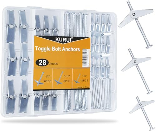 KURUI Heavy Duty Hollow Wall Anchors for Drywall Ceiling, Toggle Bolts and Wing Nut Kit, 28Pcs Metal Drywall Anchors and Screws Assortment Set, 3 Sizes Butterfly Anchors for Hanging 1/8, 3/16, 1/4