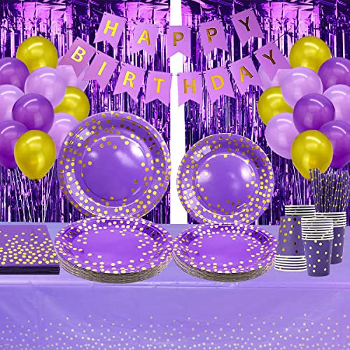 Lila Party Supplies Lila und Gold Dekorationen Set 25 Gäste, einschließlich Teller, Becher, Servietten, Strohhalme, Banner, Tischdecken, Folienvorhänge, für Hochzeit Abschluss Karneval