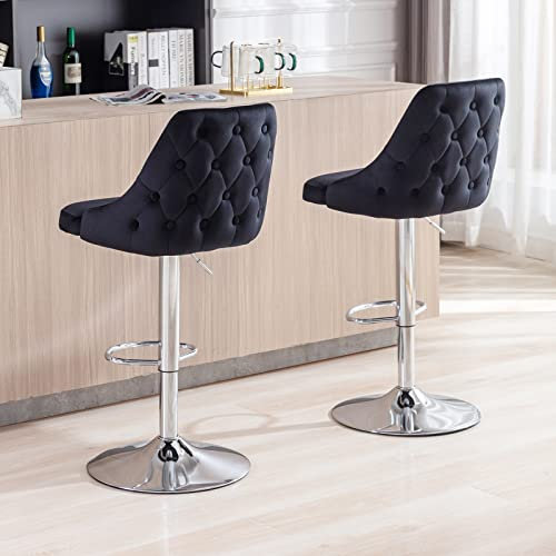 Wahson Barhocker 2er Set, Barstuhl Bistrohocker mit Lehne, höhenverstellbar, Tresenhocker aus Samt und Metall, drehbare Küchenstühle für Küche/Hausbar, Schwarz