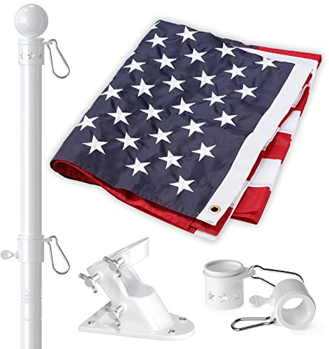 Weißer Fahnenmast für Haus mit amerikanischer Flagge, 1.8 m robustes Fahnenmast-Set mit 7.6x12.7 cm bestickter USA-Flagge, verhedderungsfreier Stahl-Fahnenmast mit Halterung für Wohn, Garten, Weiß