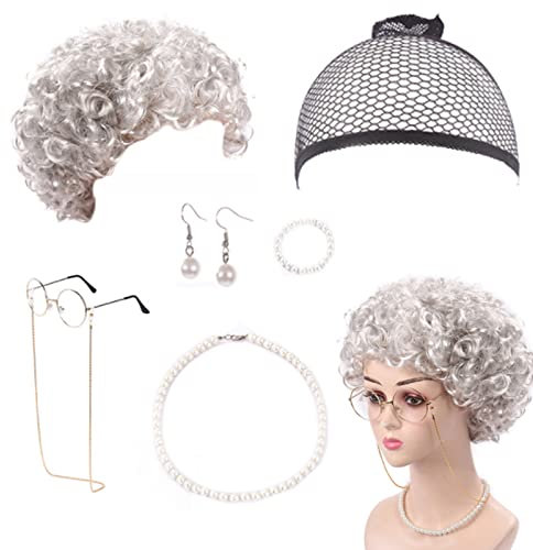 Vastsea 7 Stück Oma Perücke Kostüm Accessoire Set, Old Lady Kostüm Set, Oma Brille mit Perlen Armband Perlenkette Cosplay Zubehör, Gelten für Fasching Karneval Halloween(Silbergraue Perücke)