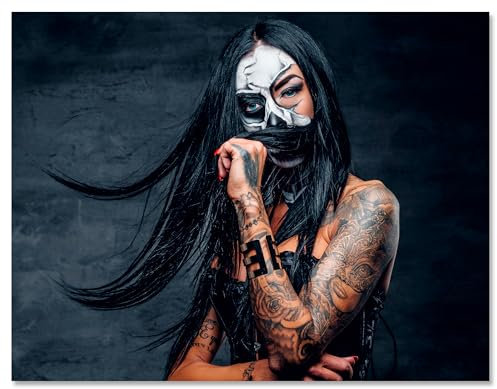 wandmotiv24 Leinwandbild Models, Querformat, Tattoos, Frau, Model, Makeup, Totenkopf M0469