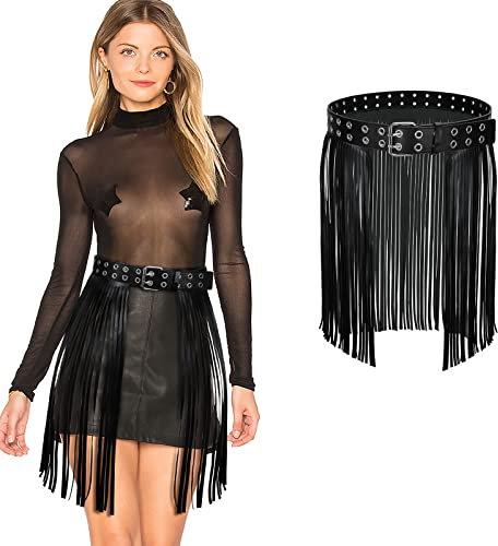 LEACOOLKEY Leder FringeTassel Gürtel Punk Rock Nietengürtel Hip Scarf Hip Hop Rock Gürtel für Damen