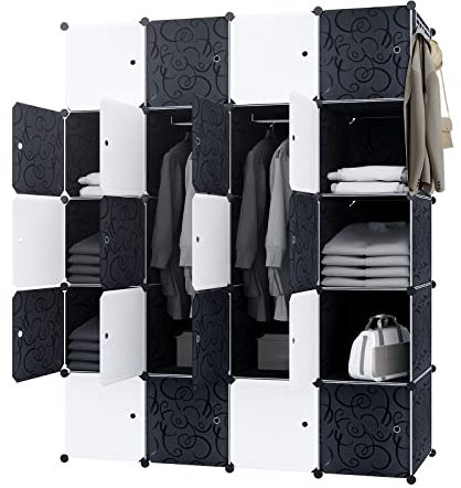 NAIZY Kleiderschrank Schwarz Weiß DIY Regalsystem aus Kunststoff Garderobenschrank Steckregal Steckregalsystem mit Tür Kunststoffschrank (20 Würfeln, mit 2 Kleiderstange)