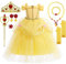 YYDSXK Vestito Principessa Bambina, Costume Rosa Bella e la Bestia con Set Corona Principessa, Bella Costume Carnevale per Regalo Bambina, Costume Bella e la Bestia per Compleanno Cosplay