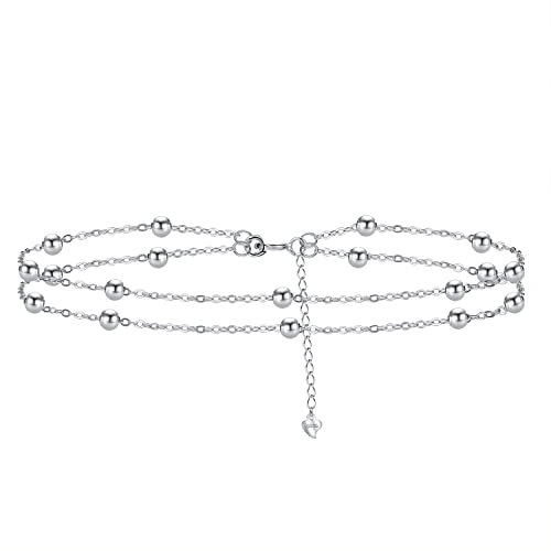 Hifeeled Bracelet de Cheville Femme Sterling 925 Double Chaîne avec Boules Plage d'été Pieds nus Chaînes de Cheville pour Femmes - Réglable(22cm+4)