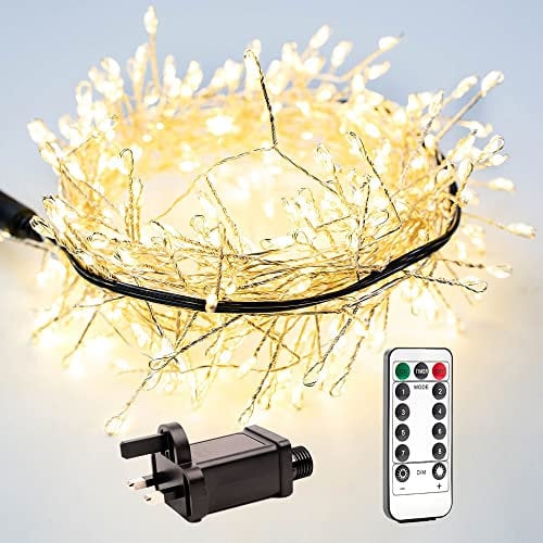 RESNICE 33FT Firecracker String Lights 300 LEDs Warm White Plug in Indoor Silver Wire LED Cluster Fairy Lights with Remote for Christmas Tree,Plant,Bedroom,Garden,Patio,Backyard