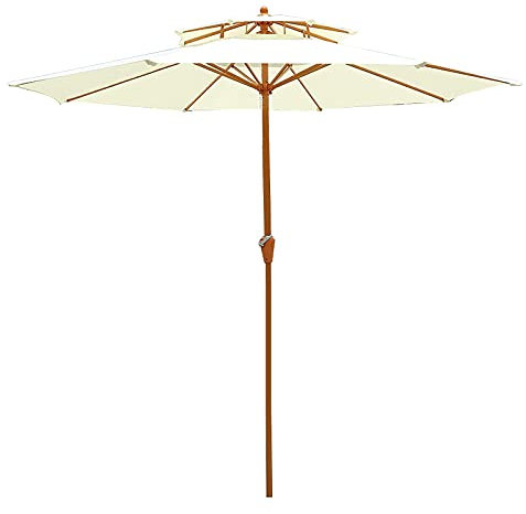 Parasol Double-Top Blanc Cassé, Parasol De Jardin Imitation Bois De Fer, Avec Manivelle, Parasol Extérieur Portable Etanche, Café, Terrasse, Piscine, Sans Socle good