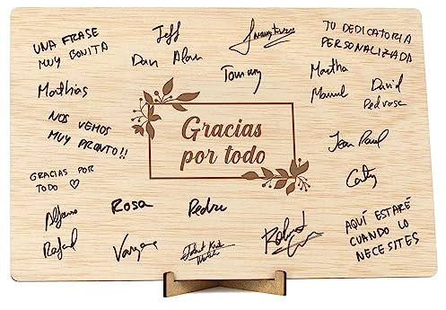CONTRAXT Tarjeta de agradecimiento madera. Regalo original libro tarjeta de firmas gracias por todo hombre o mujer profesores maestras amigas compañeros trabajo cumpleaños (Gracias)