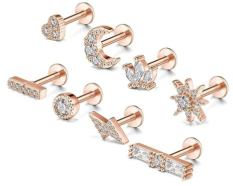 JSDDE 8er Rosegold Helix Piercings 16ga 6mm Labret Tragus Knorpel Ohrpiercing Kreuz Blume CZ Ohrringe Ohr Piercing Schmuck für Damen Frauen