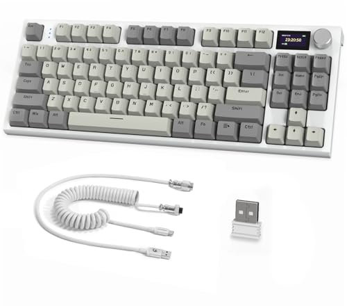 RK86 Pro Mechanical Keyboard, 2.4G Wireless/BT5.0/USB-C Wired Gaming Keyboard 75% Layout TKL 87 Keys with 1.2'' TFT HD Color Display & CNC Knob, 27 RGB Backlit TTC Hot-Swap Linear Switch - Grey