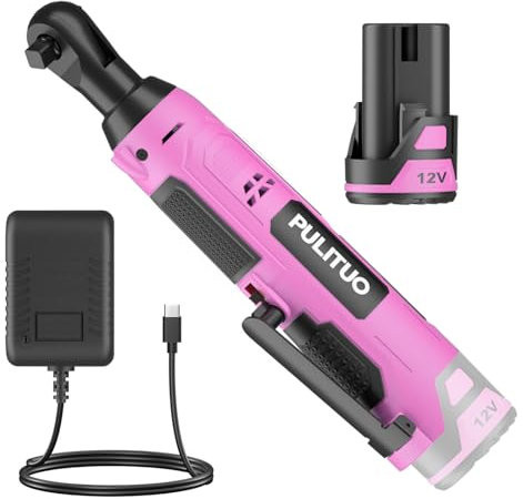 PULITUO 12V 3/8 Chiave a cricchetto elettrica a batteria, 40Ft-lbs rosa Chiave a Cricchetto a Batteria kit con 2.0Ah Batteria agli ioni di litio e carica rapida, velocità variabile da 300 RPM, 50N.m