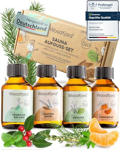 WOODFJORD Saunaaufguss Set BIO Aktiv I 4 verschiedene Saunadüfte und -Öle, je 100 ml I Premium Sauna Aufgussmittel Set für authentische Saunaerlebnisse I Das perfekte Saunaduft Probierset