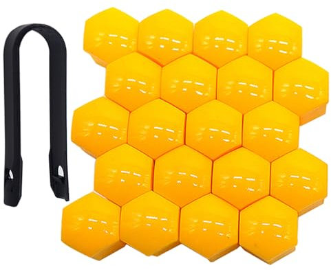 QitinDasen 20 Pièces 21 mm Voiture Roue Cache-Écrous, Bouchon à Vis de Moyeu de Voiture Universel, Cache-Écrou de Pneu Hexagonal avec Outil de Retrait (Jaune)