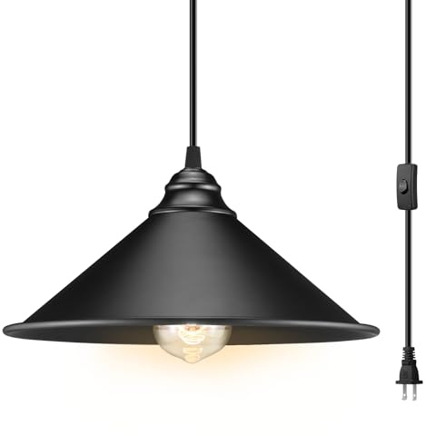 LYOOWNG Plug in Pendant Light, Bigger Hanging Lights with Plug in Cord On/Off Switch, 13FT Industrial Plugin Hanging Light, Vintage Pendant Lights Fixture, Big Black