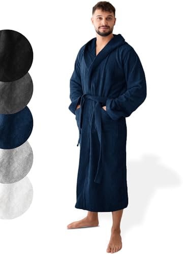 SIEGENTHAL® Herren Bademantel Frottee Velours 100% Baumwolle - Kapuzenbademantel, weich, saugfähig, warm, lang, Luxus, Premium, Wellness, Spa, hochwertige Verarbeitung, Dunkelblau M L