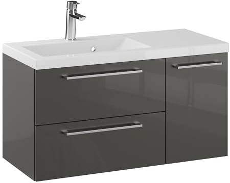 Furni Rosen 90 cm Hängend Waschbecken mit Unterschrank und Stilvollen und Chromgriffen Waschbeckenunterschrank Badezimmer Waschtisch mit Unterschrank Waschtischunterschrank