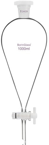 BorinGlass Embudo de separación cónica de 1000 ml con 24/29 juntas y grifos de PTFE, embudo de vidrio de borosilicato con diseño de paredes gruesas