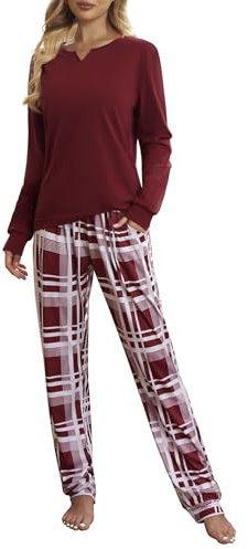 ZOEREA Pyjama Femme Automne Hiver Ensemble 2 Pièces - Manches Longues Col V Tenue de Nuit à Carreaux Vêtement d'Intérieur Rouge, S
