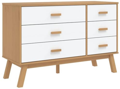 vidaXL Schubladenschrank, Sideboard mit 6 Schubladen, Schrank Kommode mit Holzbeinen, Aufbewahrungsschrank Schubladenkommode, Weiß Braun Massivholz Kiefer