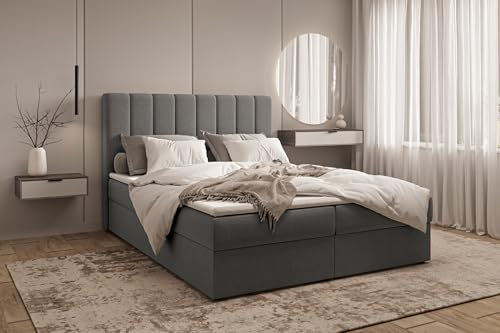 MOEBLO Boxspringbett 01 (Bonell-Matratze und Topper, Doppelbett gepolstertes Kopfteil mit Bettkasten Boxspringbett, aus Samt, Polsterbett Kontinentalbett, dekorativem Kopfteil) (Graphit, 180x200)