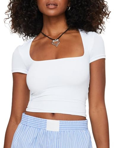 EMOTTOS Women Y2K Slim Tops, Summer Sexy Square Neck Sleeveless Vest Tops, Slim Fit Off-Shoulder Crop Top Short Sleeve Camisole(White,XL