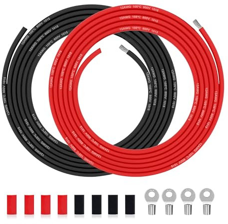 Cavo elettrico in PVC da 3.3 mm² - 12 AWG Filo elettrico di 6 m (3 Metri nero e 3 Metri rosso) in rame stagnato ad alta temperatura per pannelli solari, elettrodomestici, veicoli, ecc.
