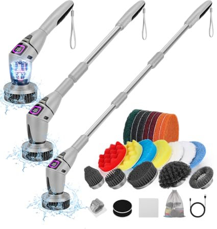 WADEO Brosse Rotative Nettoyage, Brosse de Nettoyage sans Fil avec 19 Têtes Interchangeables, Brosse Carrelage Electrique avec 3 Vitesses Réglables, Manche Amovible, Transmission Vocale