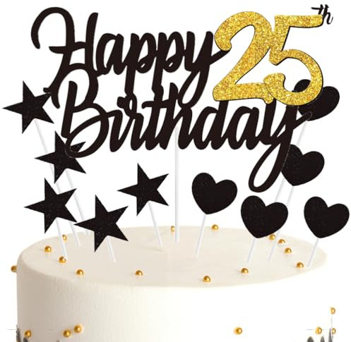 Ouceanwin Tortendeko 25. Geburtstag Frau Mann, Happy 25th Birthday Deko Schwarz Gold, Glitter Kuchendeko 25 Jahre Kuchen Topper 11 Stück Metallic Black Gold
