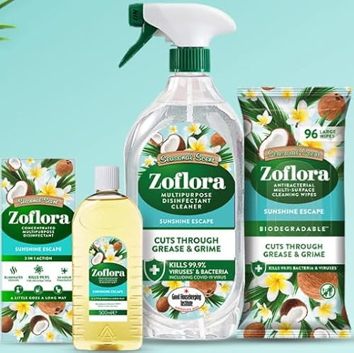 Zoflora Sunshine Escape Multipurpose Disinfectant Liquid (500ml), Large Wipes (96pk) and Cleaner Spray (800ml) Multipack (Sunshine Escape)