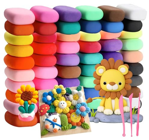 AROMUJOY Modelliermasse Lufttrocknend, 60 Farben Lufttrockener Magischer Knete für Kinder, Ultraleichter Modellier-Ton, DIY Formton Geschenk für Jungen und Mädchen im Alter von 3-12 Jahren