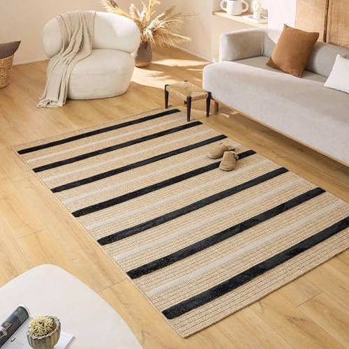Nazar Palmateppich, Natur, Jute-Look, Naturteppich für Wohnzimmer, Schlafzimmer, Flur, Boho-Teppich, Naturfarbe (9492 schwarz, 80x150 cm)